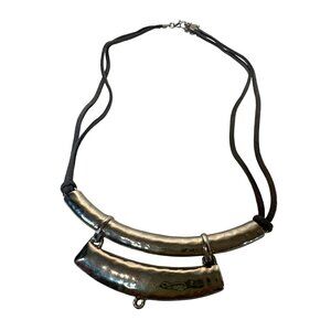 Silver-Tone Crescent Necklace Brown Suede Cord Boho Statement Jewelry Earthy